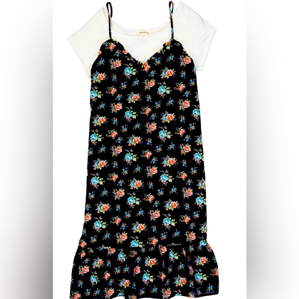 Monteau Los Angeles | Navy & Pink Floral Ruffle-Hem Layered Shift Dress - Junior
